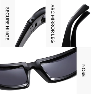 Détails des charnières solides et des branches incurvées de lunettes de soleil de vélo Y2K