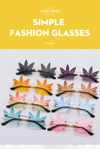 Detail shot of rimless maple leaf sunglasses in eight colors with gold metal temples