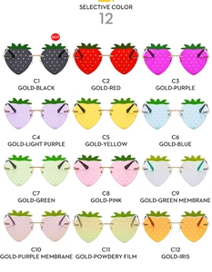 Vue détaillée de 12 options de couleurs pour lunettes de soleil de fête forme fraise