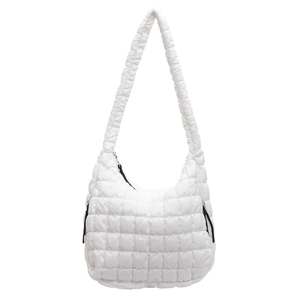Detailed view of the white quilted puffy texture on this large capacity women's bubble tote bag.