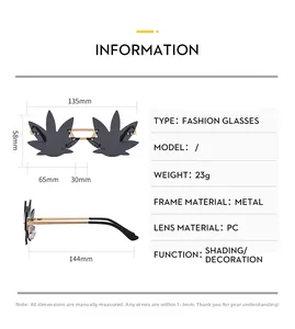 Detailed dimension guide for rimless maple leaf sunglasses with gold metal frame