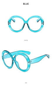 Detail view showing blue oversized round frame glasses from positive and side angles