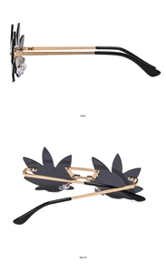 Detail view showing side and back angles of rimless leaf shaped sunglasses with metal frame