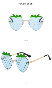 Vues de face et de profil de lunettes fraise sans monture dorées avec verres bleus