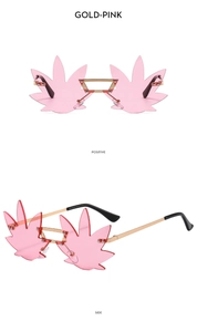 Detail of rimless gold-pink maple leaf sunglasses showing positive and side views