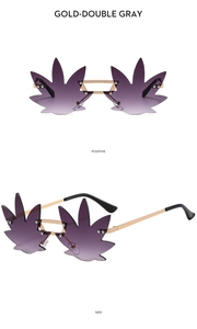 Detail view showing frameless maple leaf shaped lenses with gold metal temples and hinges