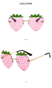 Vues de face et de profil de lunettes de soleil fraise sans monture rose doré avec feuille