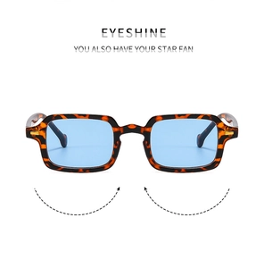 Detail of square tortoiseshell frame sunglasses with light blue lenses and metal rivets
