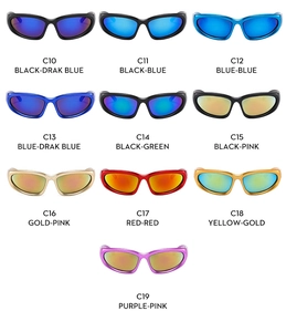 Assortiment kleurrijke Y2K sportzonnebrillen in diverse lens- en montuurkleuren