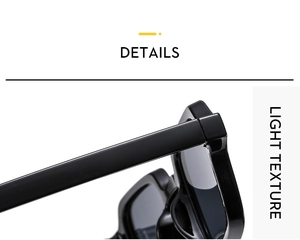 Detail shot of black glossy square sunglasses frame and premium metal hinge texture