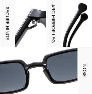 Detail view of reinforced metal hinges and ergonomic temples on black square sunglasses