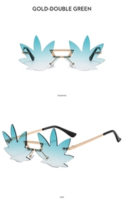 Frameless maple leaf sunglasses with gold metal temples and blue gradient lenses