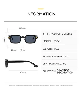 Detailed size chart for Y2K rectangle sunglasses featuring precise frame measurements