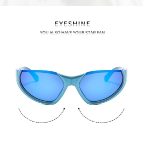 Detail of light blue matte wrap-around sports sunglasses with blue reflective lenses