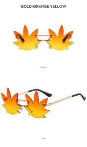 Detail of rimless maple leaf sunglasses with gold-orange gradient lenses and metal frames