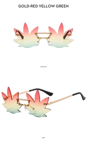 Macro detail of rimless maple leaf sunglasses with red yellow green gradient lenses