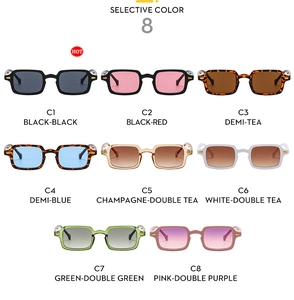 Collection of retro Y2K rectangular sunglasses in eight trendy colors with plastic frames