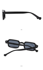 Side and back view detail of y2k style square sunglasses with black glossy frames