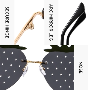 Détails de lunettes fraise avec charnières sûres, branches en arc et plaquettes de nez