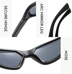 Detail view of reinforced hinges and curved temples on matte black Y2K sports sunglasses