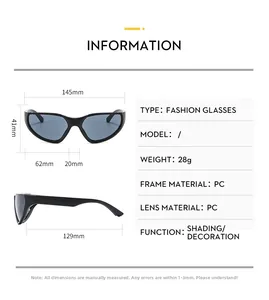 Detailed size chart for Y2K futuristic silver sunglasses showing lens and frame dimensions
