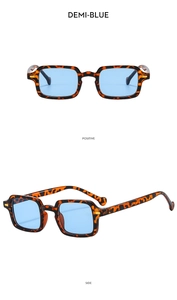 Detail of tortoise square frame sunglasses with blue lenses from front and side views