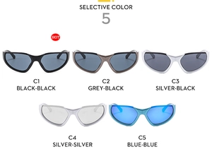 Five styles of futuristic Y2K sports sunglasses in black, silver, and blue reflective lenses