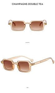 Positive and side view of Y2K rectangle champagne tea sunglasses with metal hinges