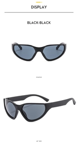 Front and 45-degree side views of sporty Y2K black cat-eye wrap sunglasses for women