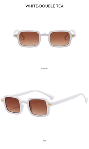 Front and side view of white square sunglasses with tea gradient lenses and gold decor