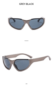 Front and side macro views of futuristic Y2K grey-black sporty wrap sunglasses