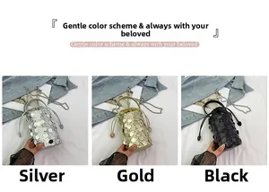 Detail view of sparkly sequin bucket bags in silver gold and black with chain straps