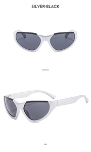 Front and side macro views of futuristic silver Y2K sports sunglasses with dark lenses