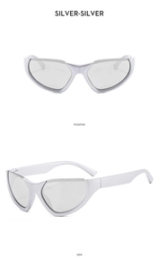 Futuristic silver Y2K heart sunglasses with a matte finish from front and side angles