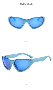 Front and side view of Y2K futuristic sporty sunglasses with blue glitter frames
