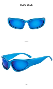 Macro detail van de blauwe Y2K sportzonnebril met futuristische metalen monturen en glazen