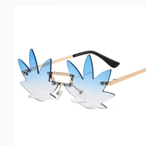 Frameless gold sunglasses with blue gradient maple leaf lenses for party fashion