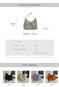 Detail view of lightweight crossbody bag with adjustable drawstring and sizing dimensions