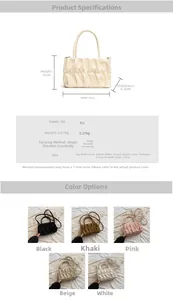 Detailed size chart and multi-color options for pleated cloud handbag with PU material
