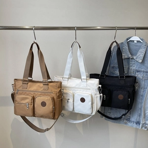 Retro large capacity nylon tote bag in khaki, white, and black with double front pockets