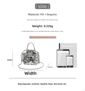 Tableau des tailles et guide de capacité du sac seau scintillant avec sequins argentés