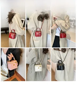 Detailed views of mini quilted chain bag worn by a model in black, red, and white