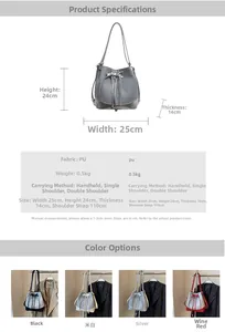 Detail specifications and multi-color options of the large capacity drawstring bucket bag