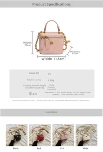 Detailed size chart and multi-color options for mini quilted chain shoulder bags