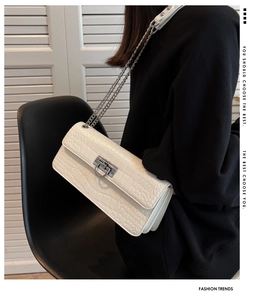 Detailed view of white crocodile texture bag with silver chain strap and ring buckle