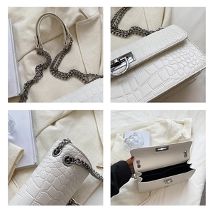 Detail shots of the off-white crocodile pattern bag showing metal buckle and inner pockets