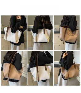 Detailed views of woven tote bags in white and light brown with elegant leather straps