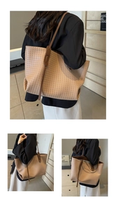 Detail of woven texture khaki tote bag with dark brown shoulder straps for women