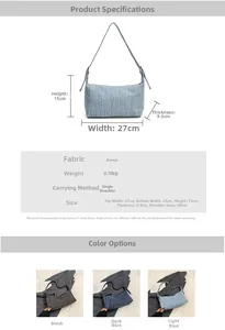 Detailed size specifications for a denim shoulder bag with multi-color options available