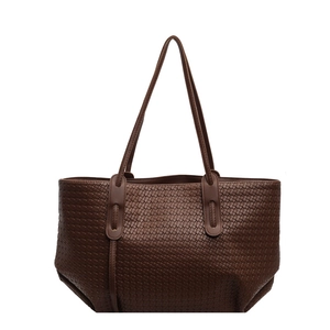 Dark brown woven tote bag with minimalist large capacity design and thin shoulder straps